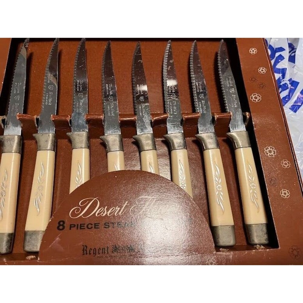 Vintage Regent Sheffield Desert Flower Cream Handle 8pc Steak Knife Set w/ Box